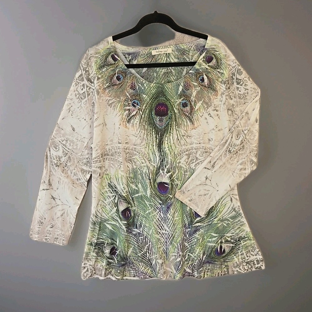 indigo soul White Tunic with Green and Purple Peacock Motif
